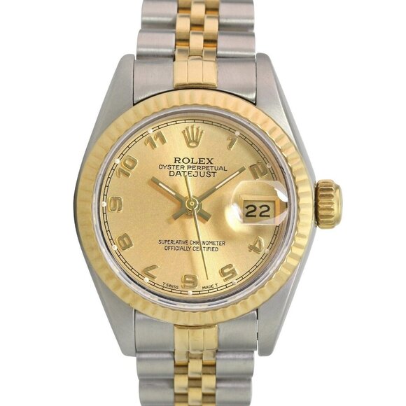 Rolex Vintage Datejust Yellow Gold & Steel Jubilee Champagne  ROLEX DATEJUST CHAMPAGNE ARABIC DIAL 18K FLUTED JUBILEE TWOTONE WATCH 26MM 69173